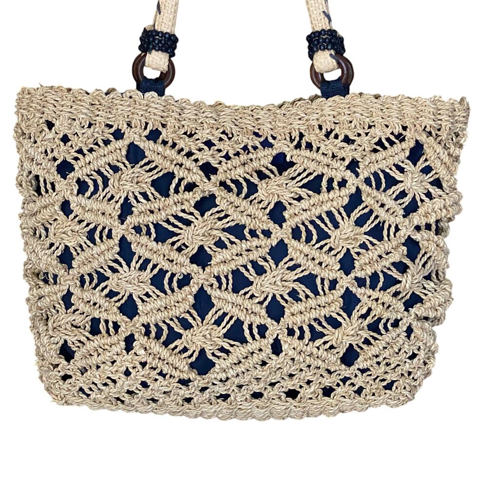 100% cornhusk boho coastal resort beachy woven tote wood beaded navy lined bag